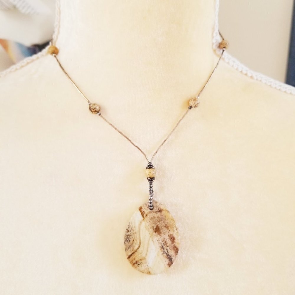 Vintage Petrified Wood Bead Native American Liquid Sterling Silver 925 Necklace